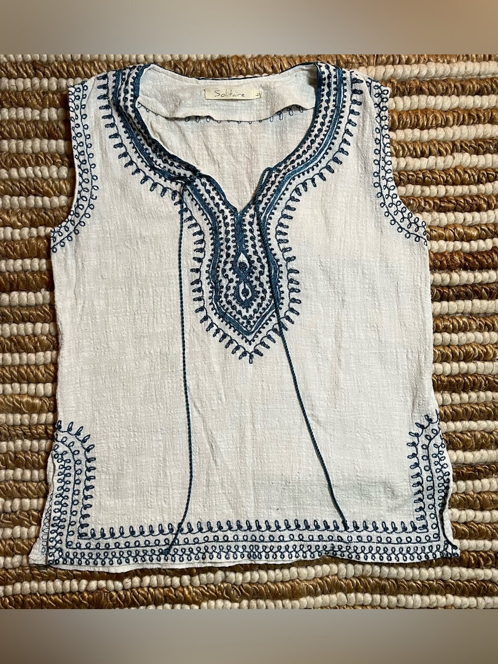 Boho Solitaire Sleeveless Embroidered metallic turquoise Stitching tank top